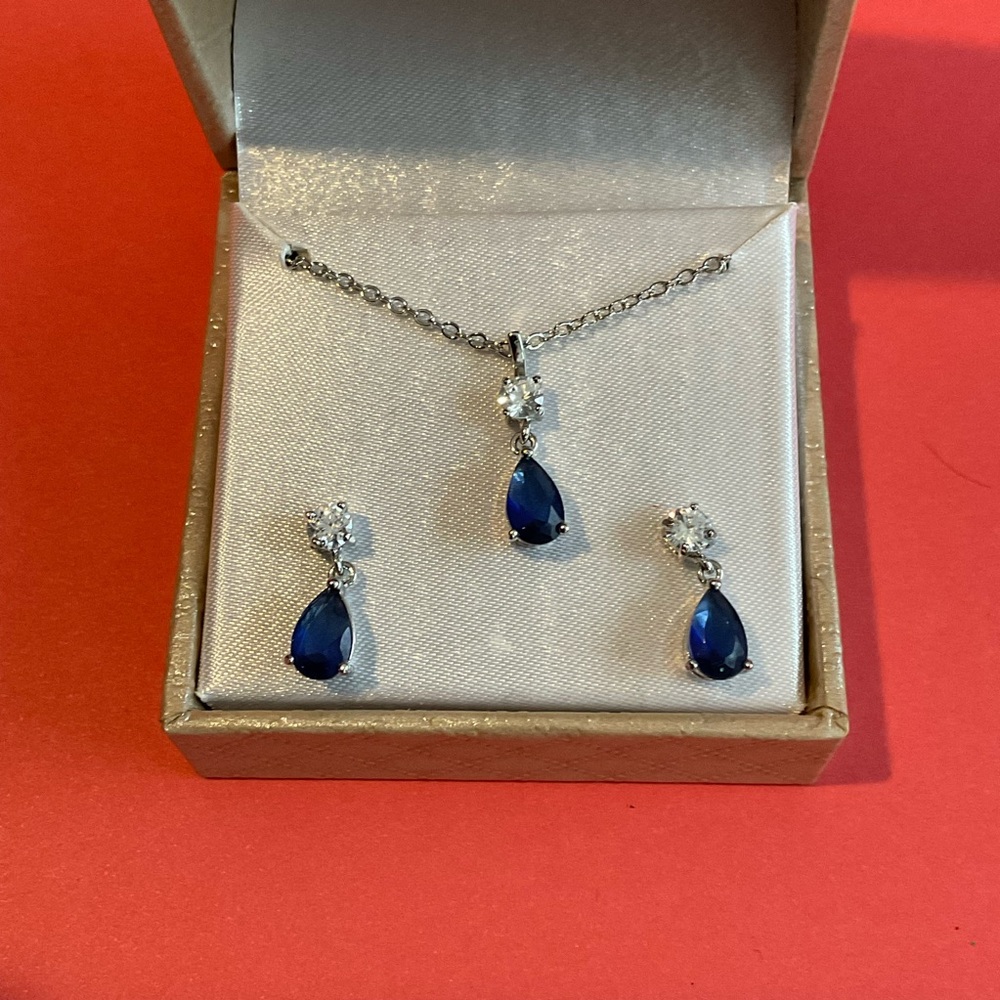 Faux Sapphire Necklace & Earring Set - NIB